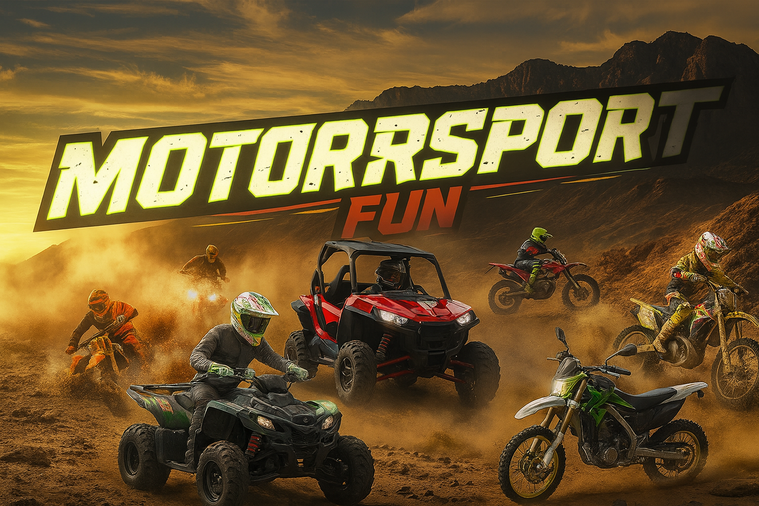 Lineup of A-1 Fun Cycles motorsport vehicles including ATVs, dirt bikes, scooters and go-karts.